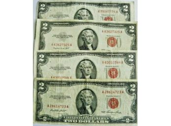 1953,1953-A,1953-B,1953-C $2 RED SEAL US NOTES F-VF LOT OF 4