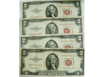 1953,1953-A,1953-B,1953-C $2 RED SEAL US NOTES FINE TO FINE LOT OF 4