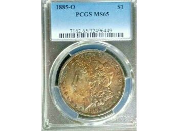 Deep And Richly Toned 1885-O Morgan Silver Dollar PCGS MS-65. Highly Graded