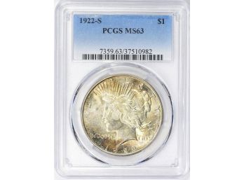 1922-S PEACE SILVER DOLLAR PCGS MS-63 VERY NICELY TONED