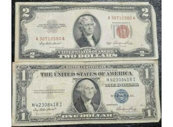 1935-E $1.00 SILVER CERTIFICATE AND 1953 $2.00 RED SEAL NOTE VF TO VF-30 (LOT OF 2)