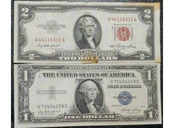 1935-E $1.00 SILVER CERTIFICATE AND 1953 $2.00 RED SEAL NOTE XF TO AU (lOT OF 2)