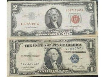 1935-E $1.00 SILVER CERTIFICATE AND 1953 $2.00 RED SEAL NOTE XF TO XF-45 (lOT OF 2)