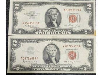 CRISP 1953 AND 1963 $2.00 RED SEAL NOTES  AU-53 (LOT OF 2)