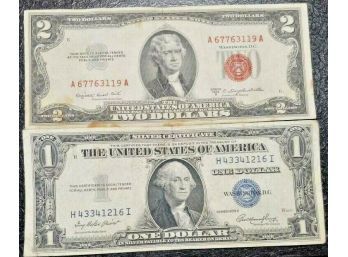 1935-E $1.00 SILVER CERTIFICATE AND 1953-B $2.00 RED SEAL NOTE XF (LOT OF 2)