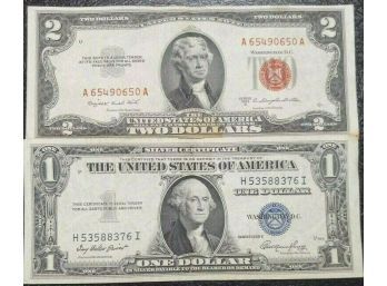 CRISP 1935-E $1.00 SILVER CERTIFICATE AND 1953-B $2.00 RED SEAL NOTE AU TO AU-55 (LOT OF 2
