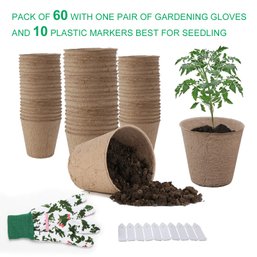 Pack Of 60, 3.15 INCH Round PEAT Pot With Gardening Gloves Bundle