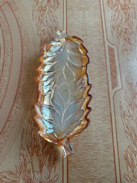 Vintage Marigold Carnival Glass Iridescent Leaf Dish