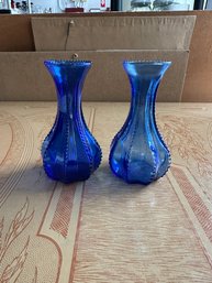 Lot Of 2 Vintage Indiana Royal Blue Beaded Glass Bud Vases