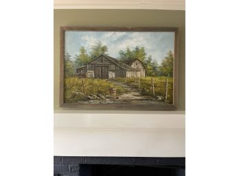 Oil On Canvas Barn Scene With Rustic Fram