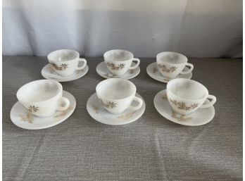Vintage Set Of 6 Federal Heatproof White Milk Glass Golden Glory Bamboo Teacups And Saucers