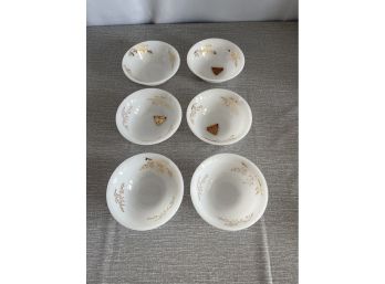 Vintage Set Of 6 Federal Heatproof White Milk Glass Golden Glory Bamboo Small Bowls