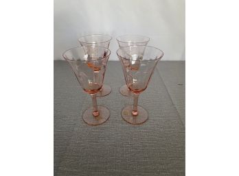 Set Of 4 Vintage Pink Depression Etched Wine Glasses
