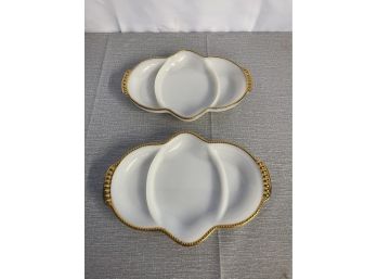 Lot Of 2 Vintage Fire King Milk Glass With Gold Trim Divided Dishes