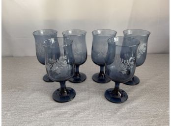 Set Of 6 Vintage Pfaltzgraff Etched Blue Goblets