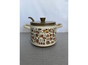 Vintage MCM Stoneware Country Village Pot With Top And Ladle