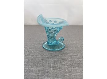 Vintage Fenton Blue Hobnail Opalescent Cornucopia Small Vase