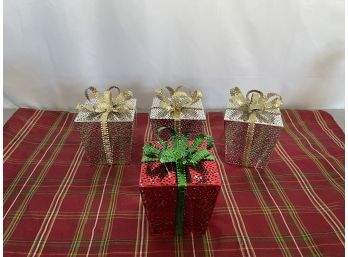 Lot Of 4 Lighted Metal Christmas Boxes
