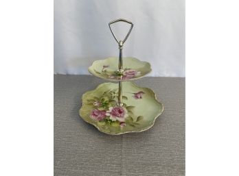 Vintage Lefton Heritage Rose Two Tiered Handled Tray