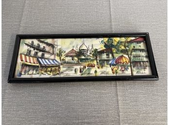 Vintage French Hand Painted Tile Art In Frame