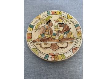 Vintage Handmade Aztec Style Ritual Ceremonial Painted Clay Plate