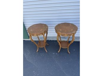 Pair Of Antique Wood Inlay Side/end Tables
