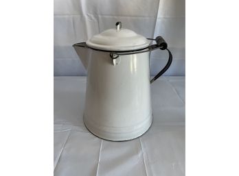 Vintage Enamelware Large Cowboy Coffee Pot White Black Trim