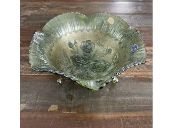 Vintage Imperial Carnival Glass Iridescent Green Open Rose Footed Bowl