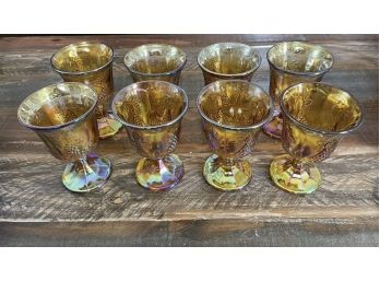 Gorgeous Mint Set Of 8 Vintage Amber Harvest Carnival Glass Water Goblets