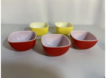 Lot Of 5 Vintage Pyrex #407 7oz Small Square Bowls Red And Yellow
