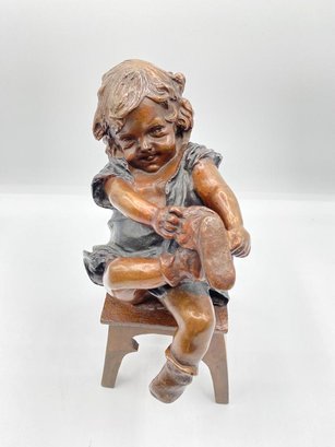 Early 20th Century Spanish Bronze Entitled 'Girl Putting On Her Shoe' By Juan Clara