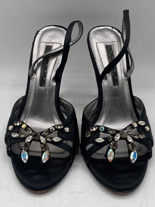 Laundry Black Satin Shoe With Bling Stone Open Toe 4'' Heel By Shelli Segal Size 7.5