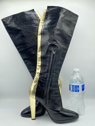 Pierre Hardy Boots Black Gold Patent Leather Half Zipper On The Side Size 37