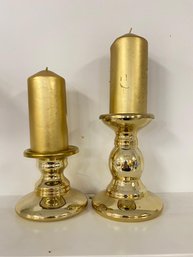 Set Of 2- 2'' Gold Cylinder Candles  With A Gold Candle Holder