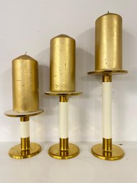 Set Of 3 - 2'' Gold Cylinder Candles 3 Deferent Sizes  With Candle Holder