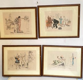 4  Etchings By Gaston Hoffmann, Medical Caricature  All Signed  Beautifully Framed