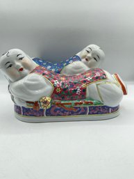 Antique Chinese Porcelain Pillow Babies Pair Red & Blue