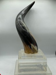 Large 20'' Mid Century Decorative Natural Horn On Lucite Pedestal