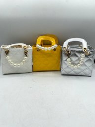 Lot Of 3 Chloe K Of New York  Inspired Chanel PU Leather  Top Handle  Shoulder  Bag Yellow, Silver, White