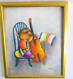 Joyce Roybal  Oil Painting On Canvas (Born 1955) Bear Playing Cello Signed