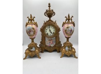 Antique French Gilt Bronze Porcelain Clock  Urns Gilt Metal