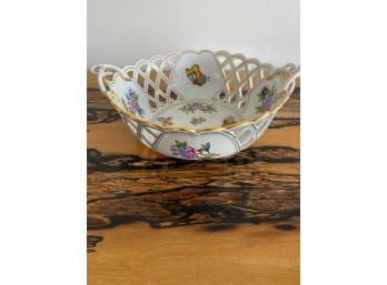 Vintage Herend Butterfly & Flowers 10'' Round Open Weave Basket