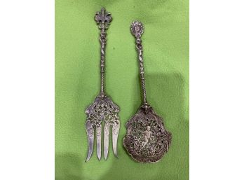 Vintage UGO BELLINI Serving Spoon & Fork Ornate Silver Plate  Italy