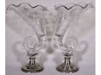 PAIR OF CAMBRIDGE CHANTILLY CORNUCOPIA VASES WITH WEIGHTED Sterling SILVER BASE