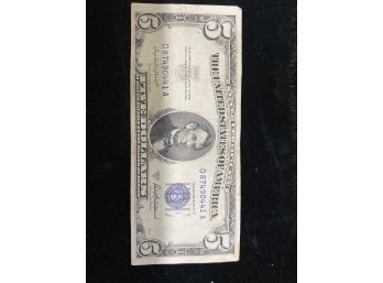 1953 A Five Dollar Blue Seal United States Note Old US Bill $5