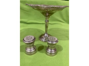 Vintage  Small Sterling Silver Salt And Pepper Shakers And Candy Dish