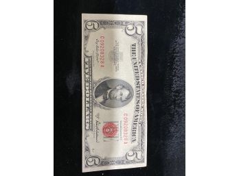 1953 A Five Dollar RED Seal United States Note Old US Bill $5