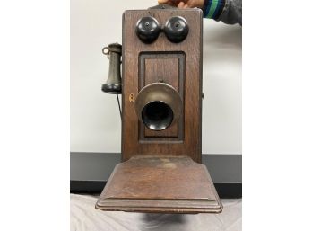 Antique Oak Wall Mount Hand Crank Telephone