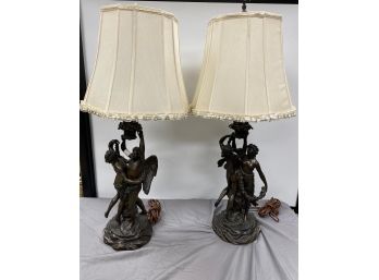 A Pair Of French Neo-Classical Patinated Figurative Bronze Lamps