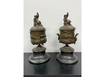 Antique Continental Renaissance Pair Of Covered Bronze Urns W/ Putto 19 Century